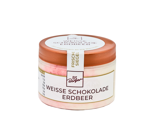 Ein Glas Hofmanns Shop Premium-Eis weiße Schokolade-Erdbeere mit einem kupferfarbenen Deckel.