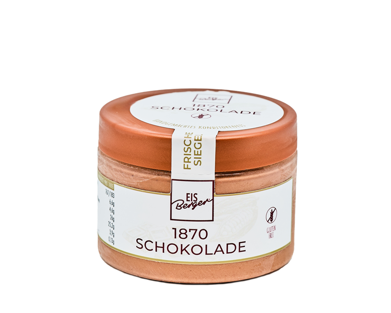 Ein Glas Hofmanns Shop Premium-Eis Praline-Nuss Schokoladenaufstrich mit Kupferdeckel.
