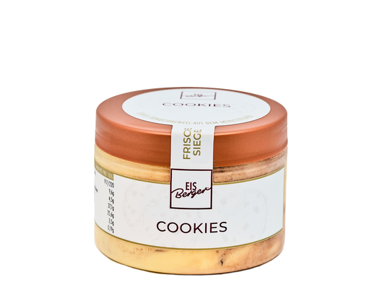 Ein Glas Hofmanns Shop Premium-Eis Cookies mit braunem Deckel, weißem Etikett und knusprigen Stückchen im Inneren.