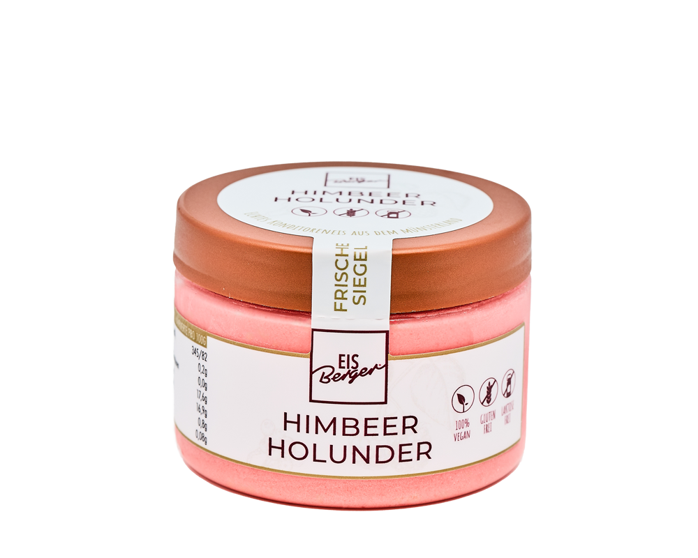 Ein rosa Glas Hofmanns Shop Premium-Eis Himbeere-Holunder mit veganen Sorbet-Symbolen und Kupferdeckel.