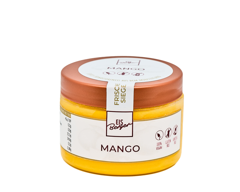 Ein kleines Glas mit Hofmanns Shop Premium-Sorbet Mango mit einem Kupferdeckel und weißem Etikett.