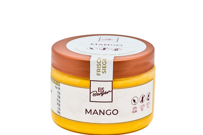 Ein Glas mit Hofmanns Shop Premium-Sorbet Mango mit einem Kupferdeckel und einem veganen Etikett auf der Vorderseite.