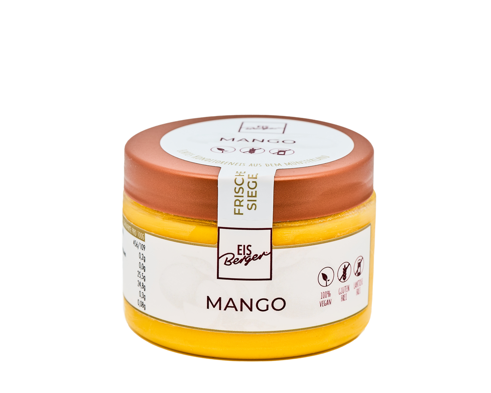 Ein Glas mit Hofmanns Shop Premium-Sorbet Mango mit einem Kupferdeckel und einem veganen Etikett auf der Vorderseite.
