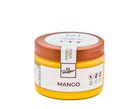 Ein Glas mit Hofmanns Shop Premium-Sorbet Mango mit einem Kupferdeckel und einem veganen Etikett auf der Vorderseite.