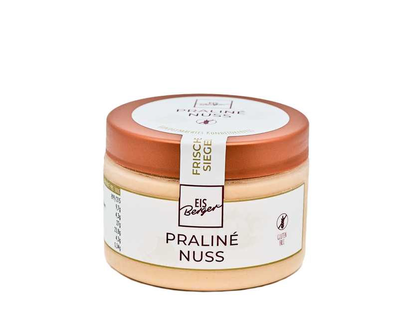Ein Glas Hofmanns Shop Premium-Eis Praline-Nuss Aufstrich mit vollem Geschmack und kupferfarbenem Deckel.