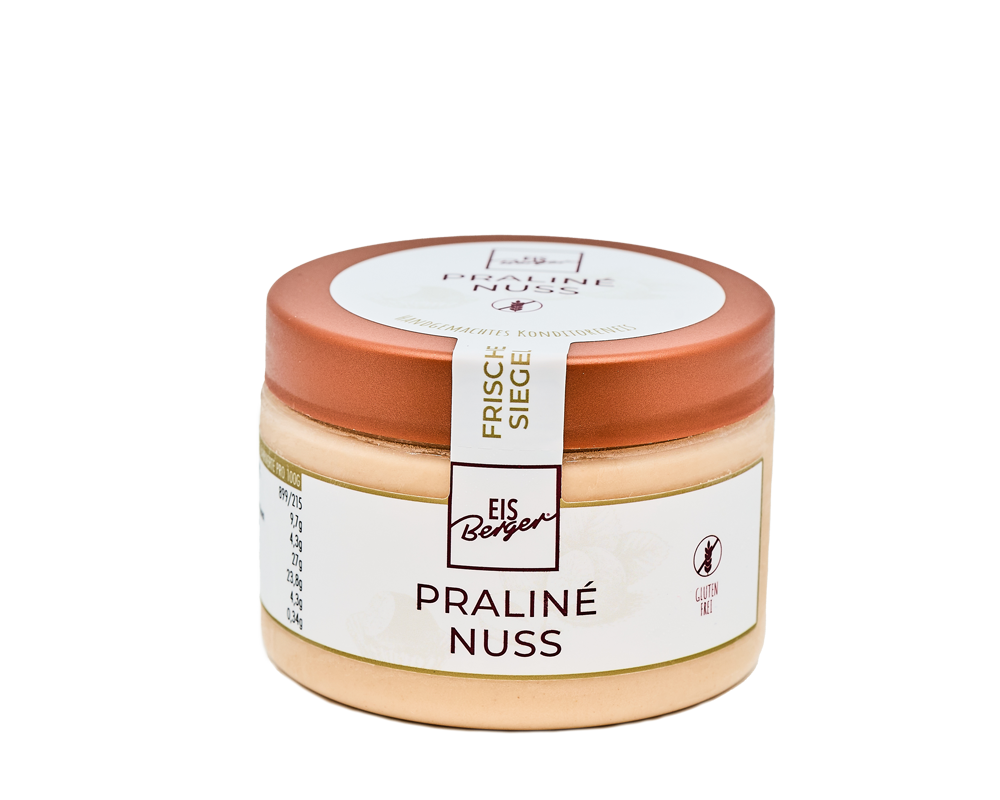 Ein kleines Glas Hofmanns Shop Premium-Eis Praline-Nuss mit Nussgeschmack und einem kupferfarbenen Deckel.