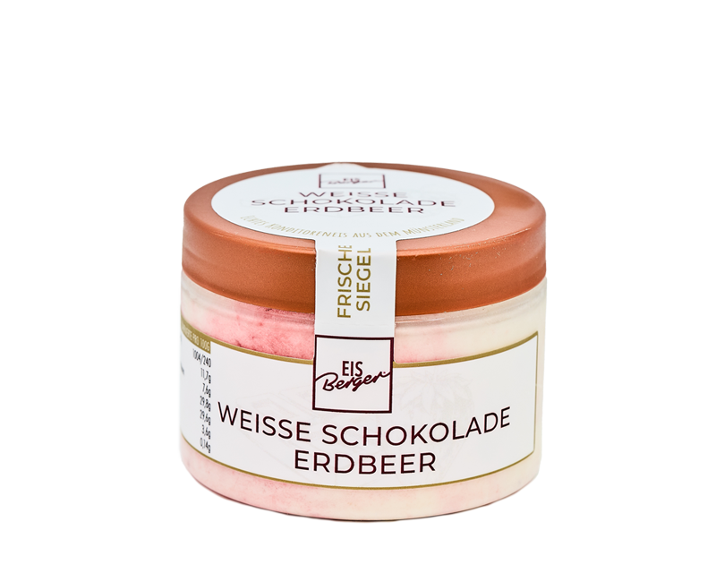 Ein Glas von Hofmanns Shop Premium-Eis weiße Schokolade-Erdbeere mit Erdbeerstückchen und Kupferdeckel.