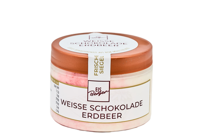 Ein Glas Hofmanns Shop Premium-Eis weiße Schokolade-Erdbeere mit einem kupferfarbenen Deckel.