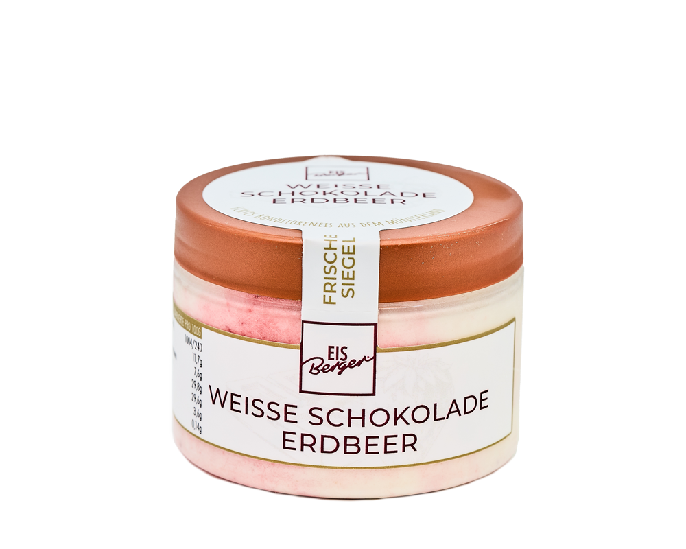 Ein Glas Hofmanns Shop Premium-Eis weiße Schokolade-Erdbeere mit einem kupferfarbenen Deckel.