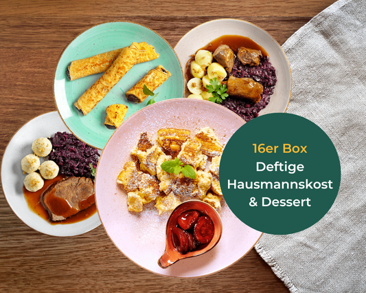 Vier Teller mit herzhaften Gerichten, Text: „HOFMANNs Hausmannskost-Box + Dessert-Box“.