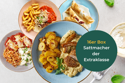 HOFMANNs Sattmacher der Extraklasse: Kartoffeln, Nudeln, Pommes, Crêpes & Fleischpflanzerl auf weißem Tisch.