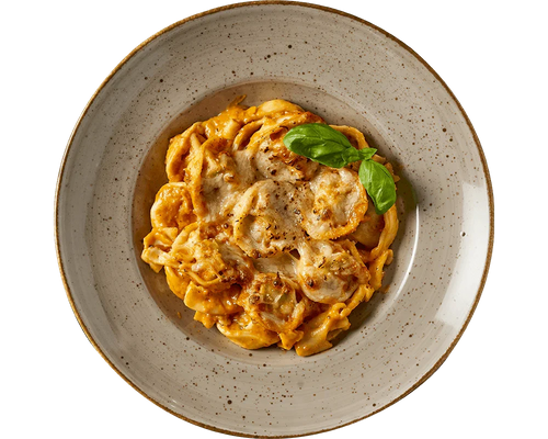 Ein Teller mit cremigen HOFMANNs BIO-Tortellini „Ricotta-Spinat“*, garniert mit Käse und frischem Basilikum.