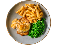 Ein Teller mit Schweinesteak "au four" von Hofmanns Shop, Pommes frites und grünen Erbsen.
