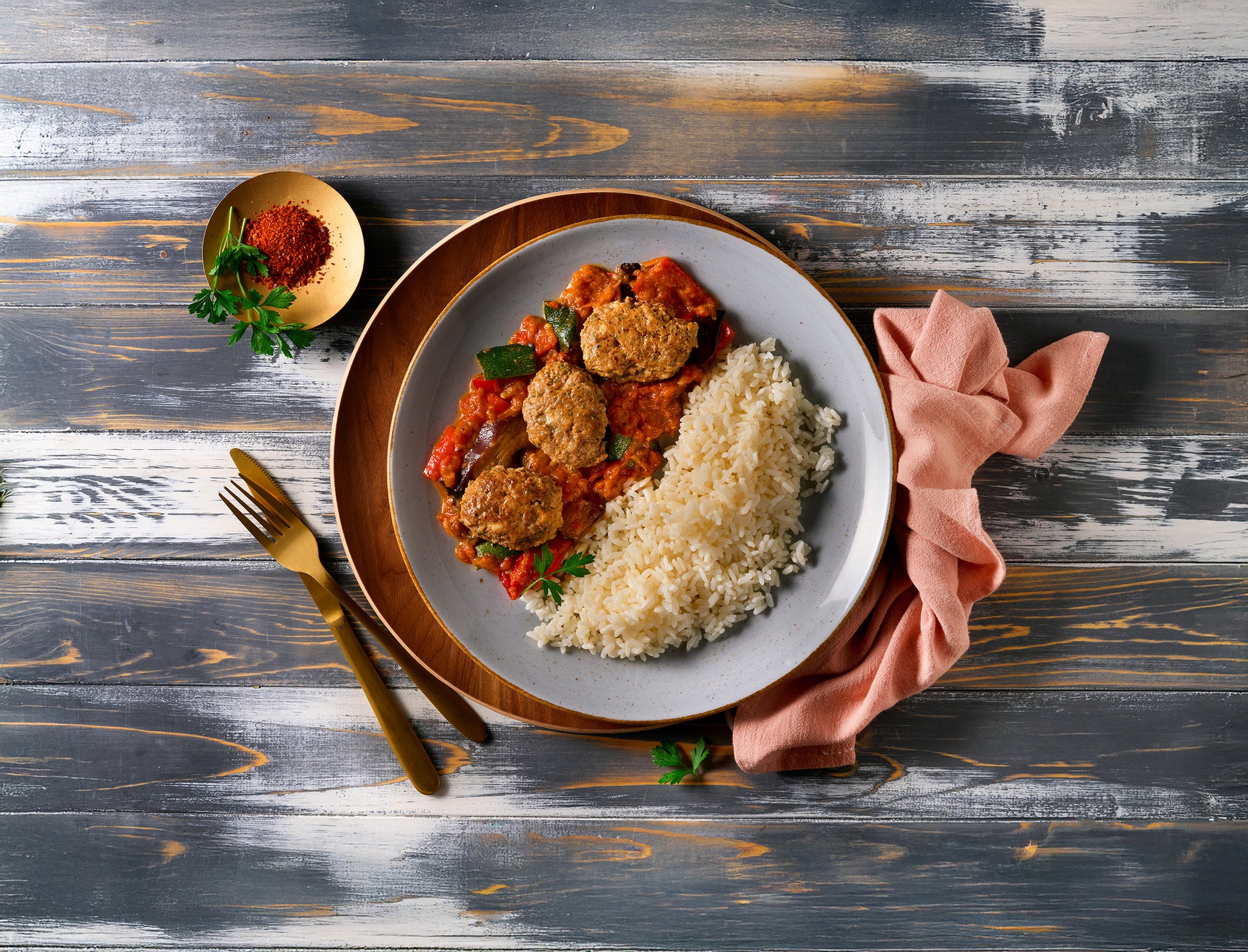 Köfte mit Hirtenkäse von Hofmanns Shop, serviert mit Tomatensauce und Reis, mediterran-orientalisch.