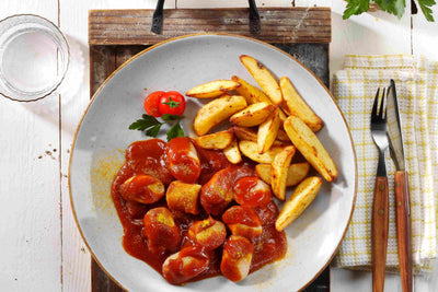 Eine HOFMANNs Mikrowellen-Genuss-Box: Currywurst & Pommes mit Tomate, serviert auf einem rustikalen Holztablett.