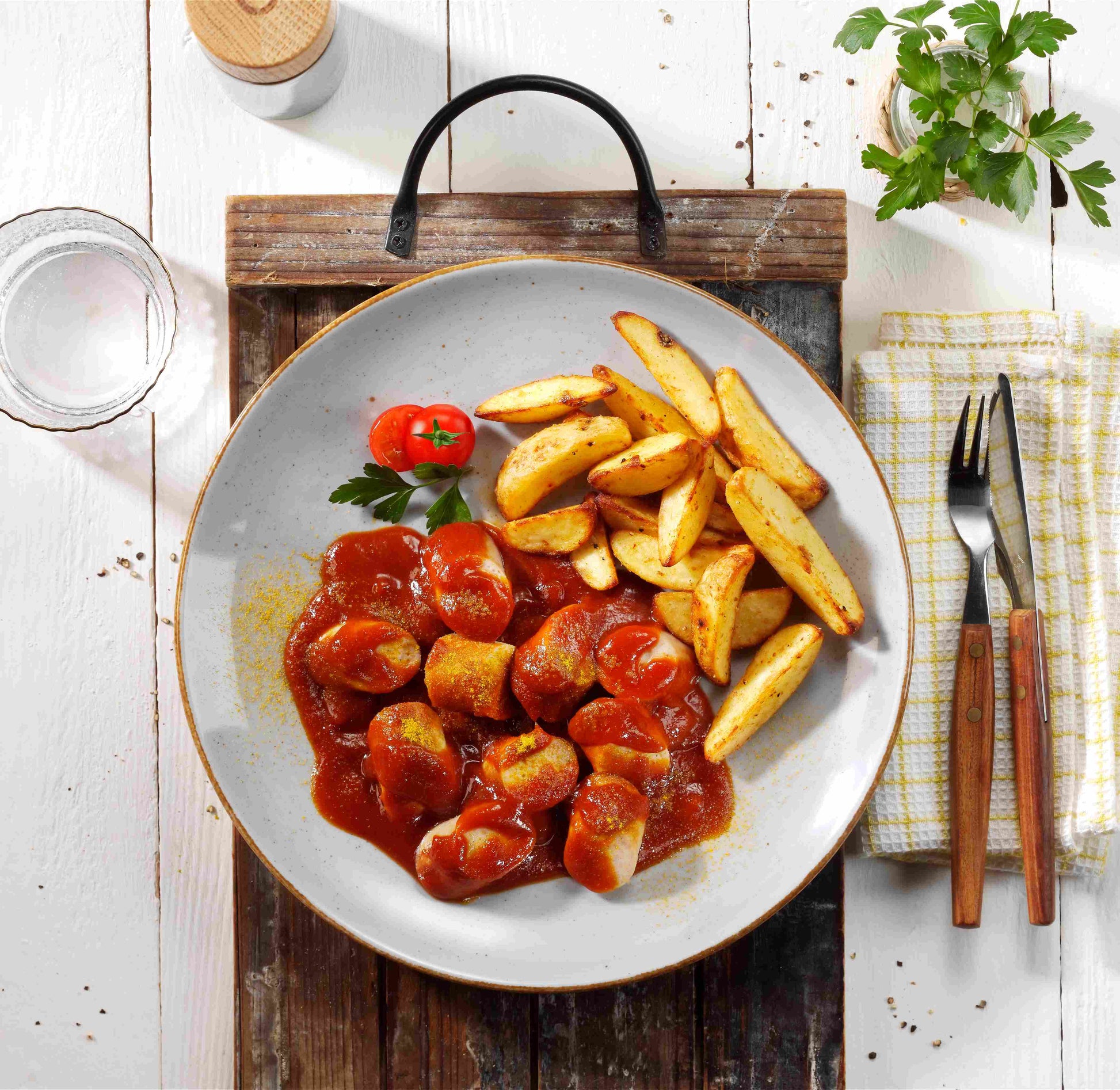 Eine HOFMANNs Mikrowellen-Genuss-Box: Currywurst & Pommes mit Tomate, serviert auf einem rustikalen Holztablett.