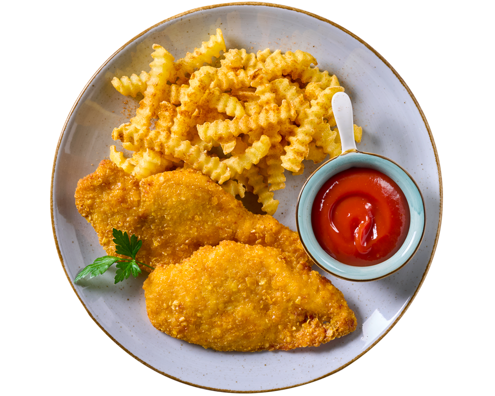 Teller mit Hofmanns Shop Hähnchenschnitzel in Cornflakespanade, Pommes frites, Ketchup, Petersilie.