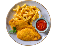 Teller mit Hofmanns Shop Hähnchenschnitzel in Cornflakespanade, Pommes frites, Ketchup, Petersilie.