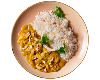 Kokoshuhn von Hofmanns Shop: Basmati-Reis, gelbe Curry-Kokossoße, Hähnchenbrust, Kokosstücke.