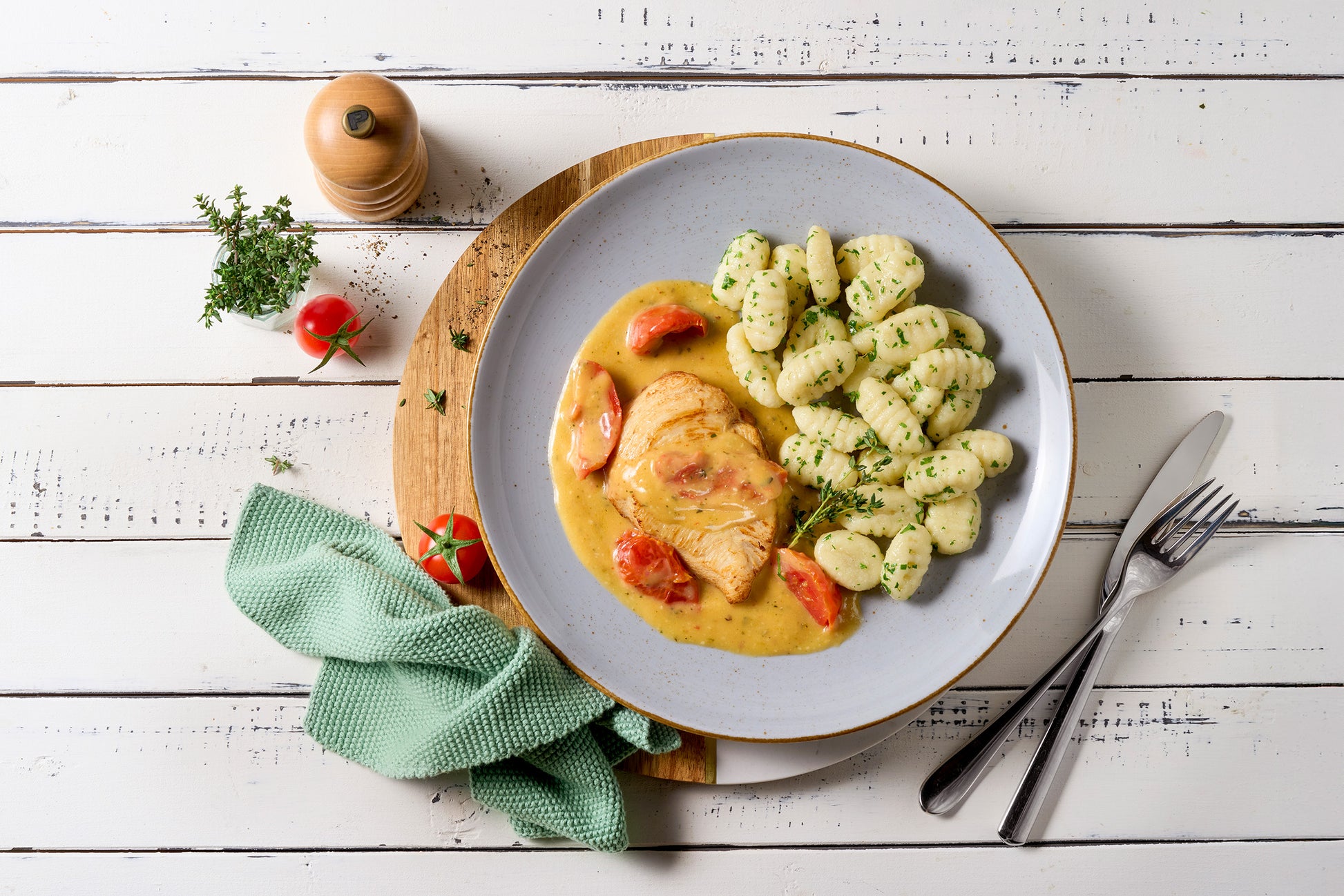 Sahne-Tomaten-Hähnchen von Hofmanns Shop mit Kräuter-Gnocchi und Tomaten auf rustikalem Tisch.