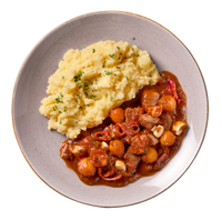 Gepflanzte.Steak-Häppchen "Bourguignon Style" von Hofmanns Shop mit Kartoffelstampf und Rotweinsoße.