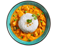 Eine Schüssel Hofmanns Shop Süßkartoffel-Curry mit Basmatireis, garniert mit Koriander.