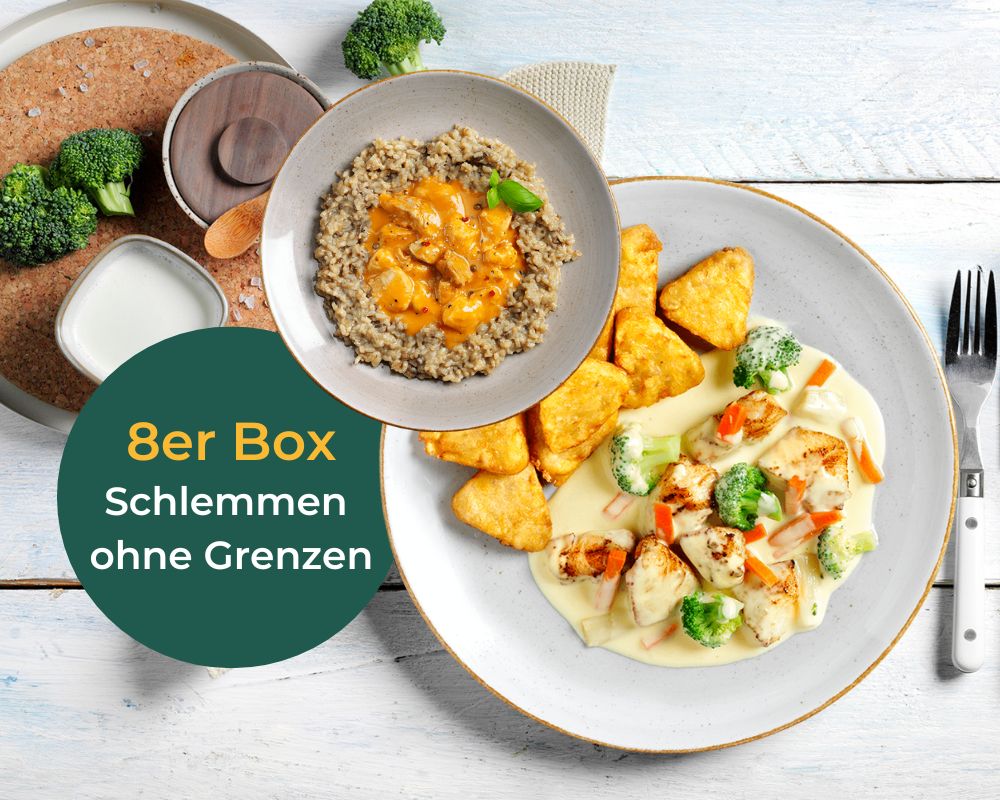 Ein Teller Schlemmen ohne Grenzen von HOFMANNs – Hühnchen, Gemüse, Getreide und Wedges; Deutscher Text.