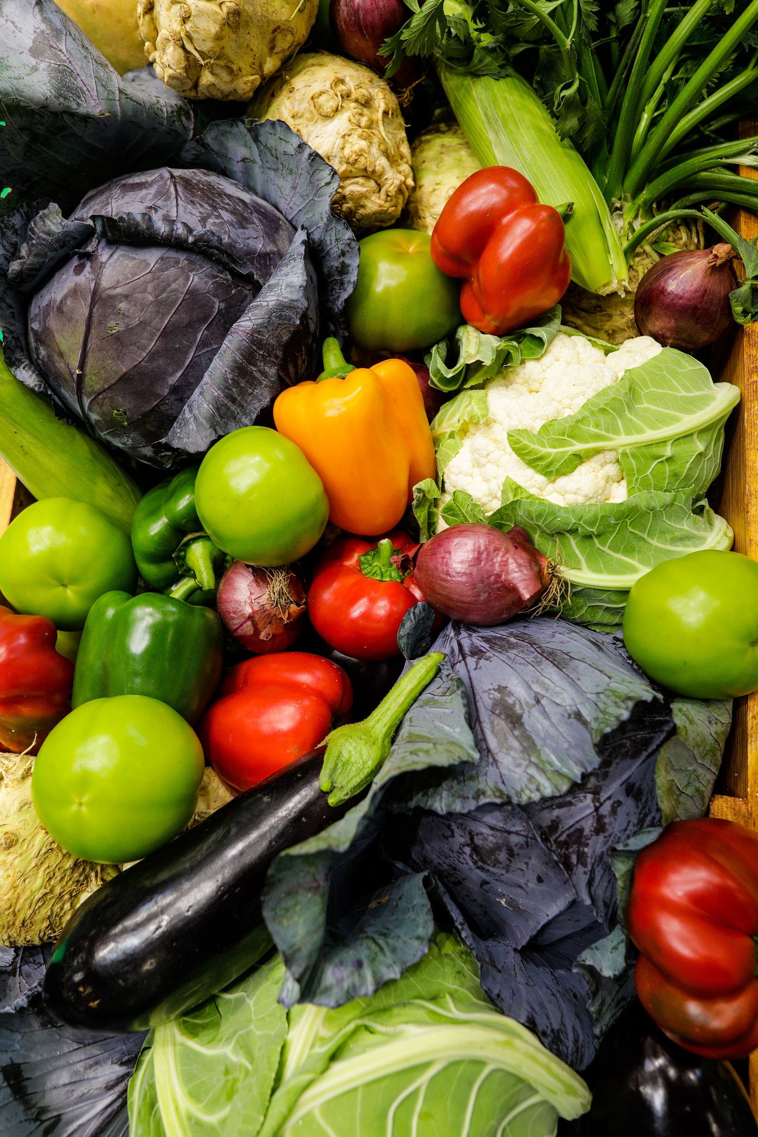 Eine Auswahl an buntem Gemüse, darunter Paprika, Kohl, Tomaten, Zwiebeln und Auberginen.