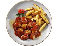 Hofmanns Shop's Currywurst „2GO“: Tomaten-Currysoße, Kartoffel-Wedges, Kirschtomaten, Petersiliengarnitur.