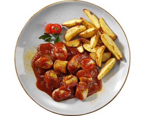 Hofmanns Shop's Currywurst „2GO“: Tomaten-Currysoße, Kartoffel-Wedges, Kirschtomaten, Petersiliengarnitur.