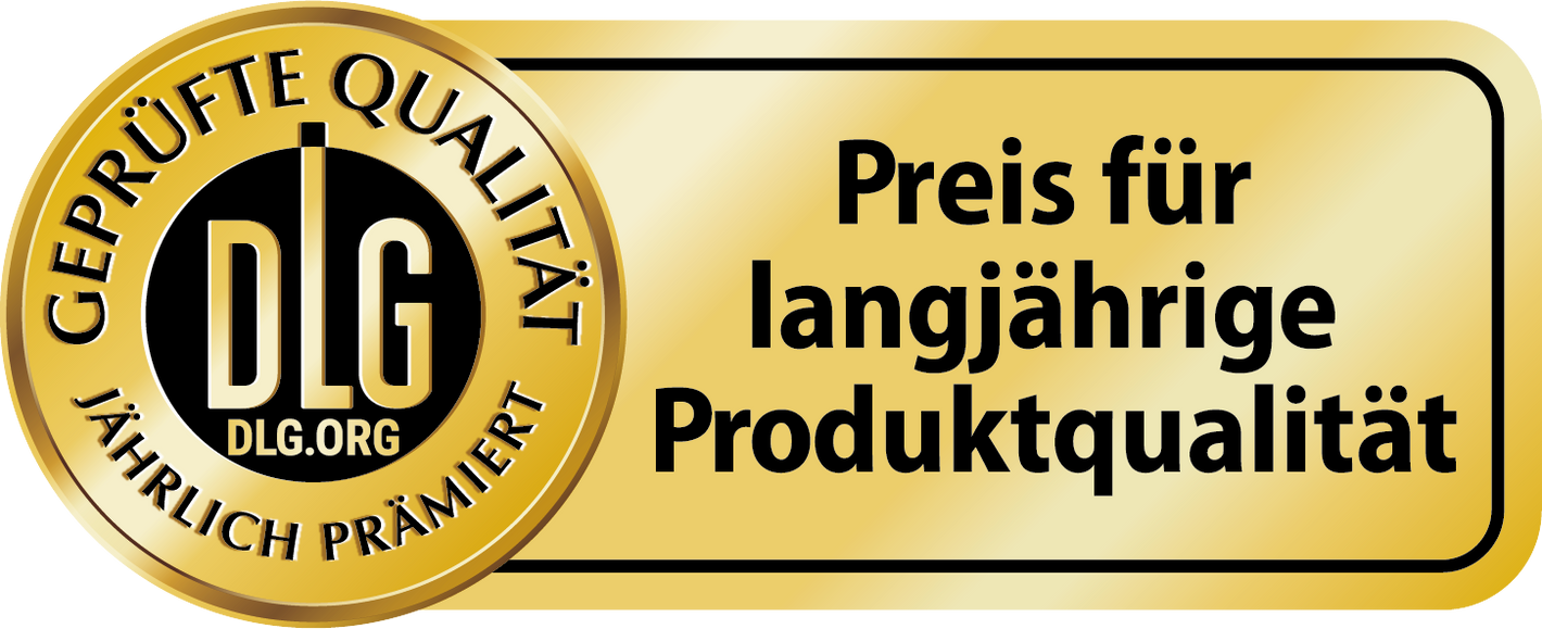 Goldene Plakette mit „Geprüfte Qualität“, „DLG.org“ und Text „Preis für langjährige Produktqualität“.