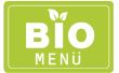 Grünes „BIO MENÜ“-Schild mit zwei Blattsprosssymbolen über dem Wort „BIO“.