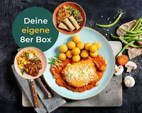 Meine eigene Box von Hofmanns Shop: Schnitzel, Sauce & Kartoffelbällchen mit Beilagen und Gemüse.