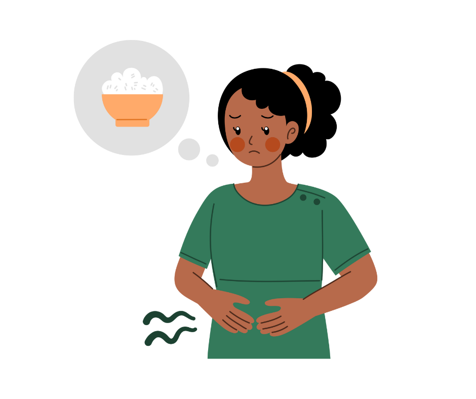 Illustration einer Frau mit Bauchschmerzen, die mit gequältem Gesichtsausdruck an eine Schüssel Essen denkt.