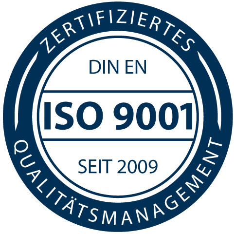 Ein kreisförmiges Logo, das seit 2009 das Qualitätsmanagement nach ISO 9001 zertifiziert, mit Text in deutscher Sprache.