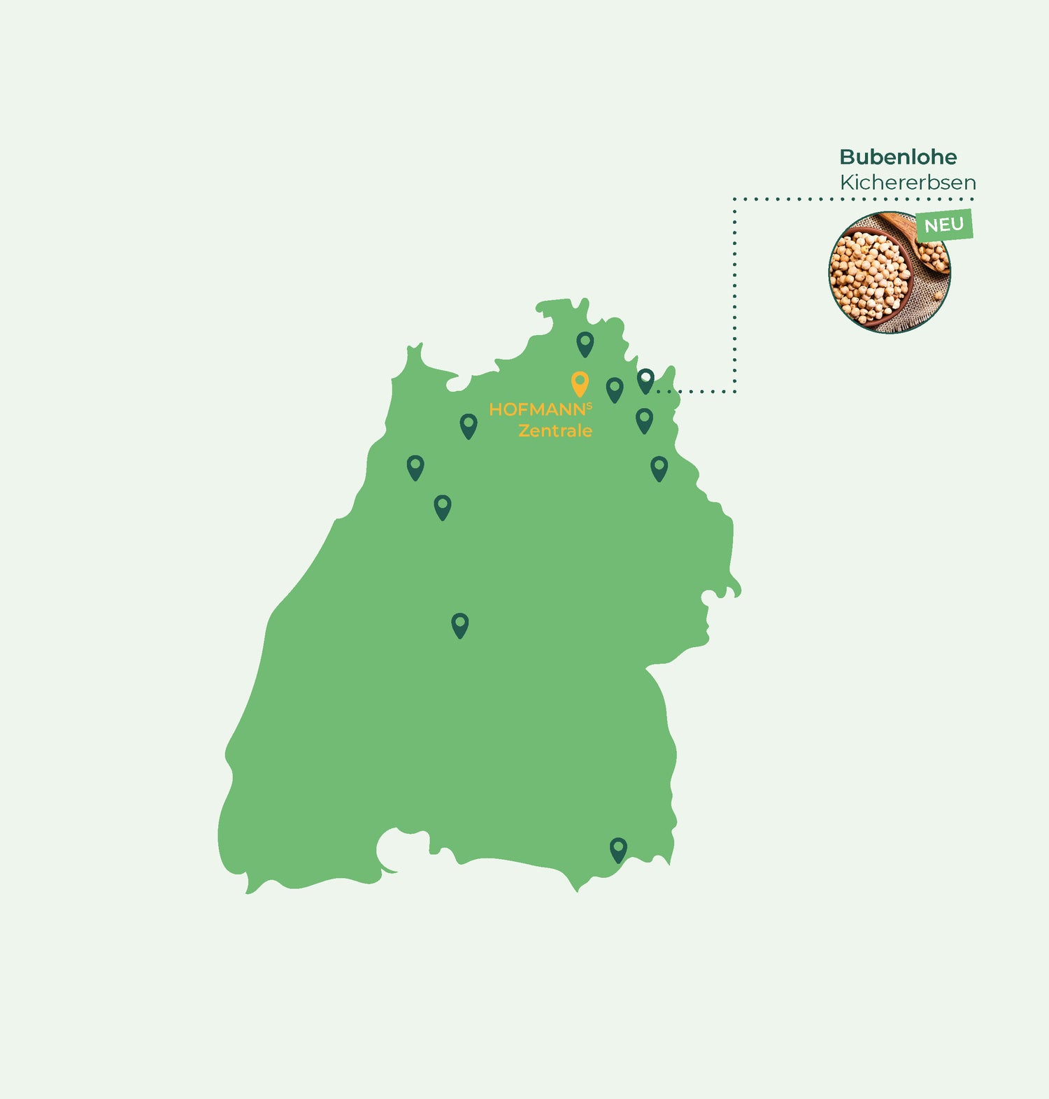 Ortskarte mit Schwerpunkt Bubenlohe Kichererbsen, gekennzeichnet durch ein Kichererbsen-Bild oben rechts.