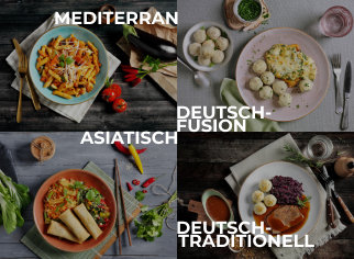Vier Hauptgerichte: Mediterrane Pasta, deutsche Fusion-Knödel, asiatisches Pfannengericht und traditionelles deutsches Gericht.