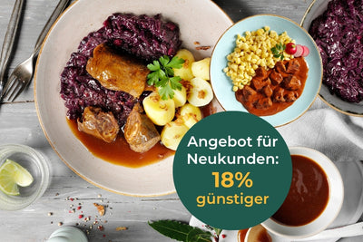 Teller mit Fleisch, Kartoffeln, Rotkohl & Eintopf. HOFMANNs Probierbox: Deutsche Klassiker 18% Rabatt!.