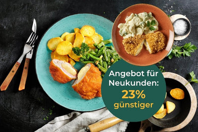Paniertes Schnitzel, Kartoffeln, grüne Bohnen. HOFMANNs Probierbox: Schnitzel-Box 23% Rabatt für Neukunden!.