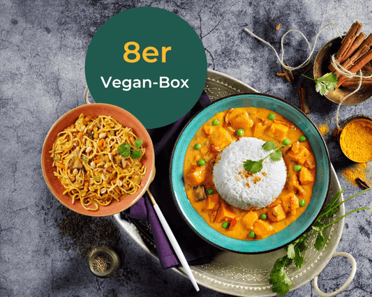Zwei vegane Gerichte von HOFMANNs: Curry & Nudeln in der „Vegan-Box“ – Vielfalt pur.