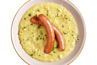 Hofmanns Shop Erbseneintopf: cremiger Erbseneintopf mit Würstchen und Kräutern – ein klassischer deutscher Favorit.