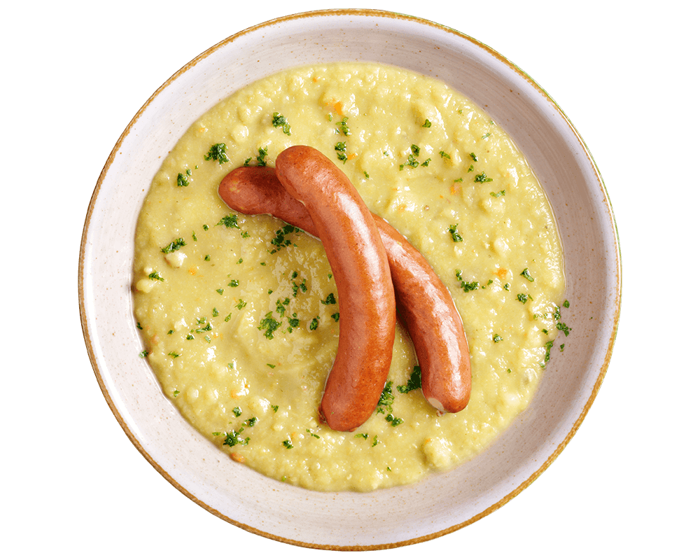Hofmanns Shop Erbseneintopf: cremiger Erbseneintopf mit Würstchen und Kräutern – ein klassischer deutscher Favorit.