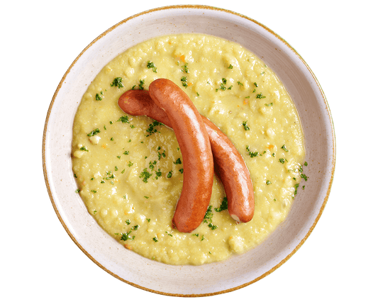 Hofmanns Shop Erbseneintopf: cremiger Erbseneintopf mit Würstchen und Kräutern – ein klassischer deutscher Favorit.