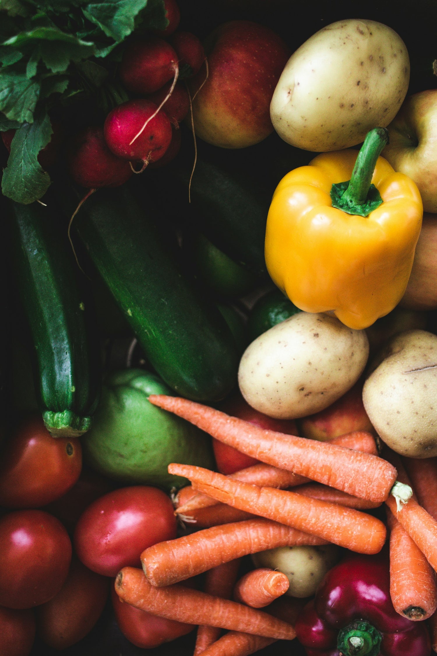 Eine Auswahl an frischem Gemüse, darunter Tomaten, Karotten, Kartoffeln, Zucchini, Radieschen und eine gelbe Paprika.