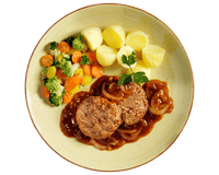 Ein Hofmanns Shop Tiefkühlmenü mit Kartoffelstücken, Gemüse und Omas Fleischpflanzerl in Bier-Zwiebelsoße.