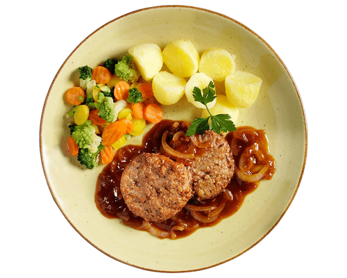 Ein Hofmanns Shop Tiefkühlmenü mit Kartoffelstücken, Gemüse und Omas Fleischpflanzerl in Bier-Zwiebelsoße.