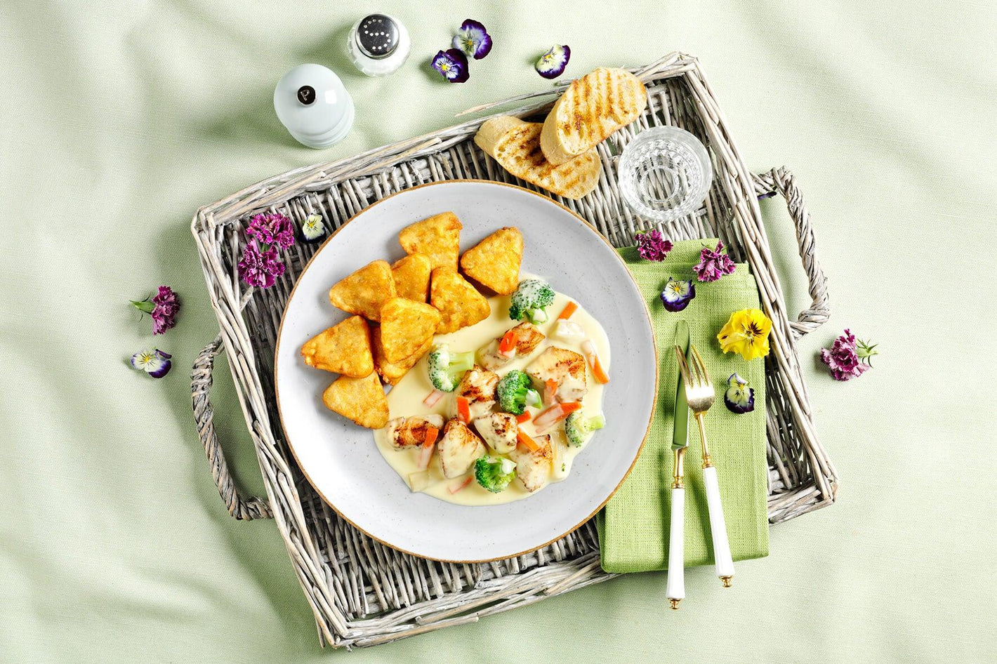 HOFMANNs Kunterbunt-Box + Italien-Box: Hähnchen, Gemüse in Soße, Rösti, Brot & Blumen.