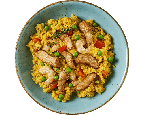 HOFMANNs Paella: gelber Reis mit Garnelen, Hähnchen, Erbsen, roten Paprikaschoten und Thymian als Garnitur.