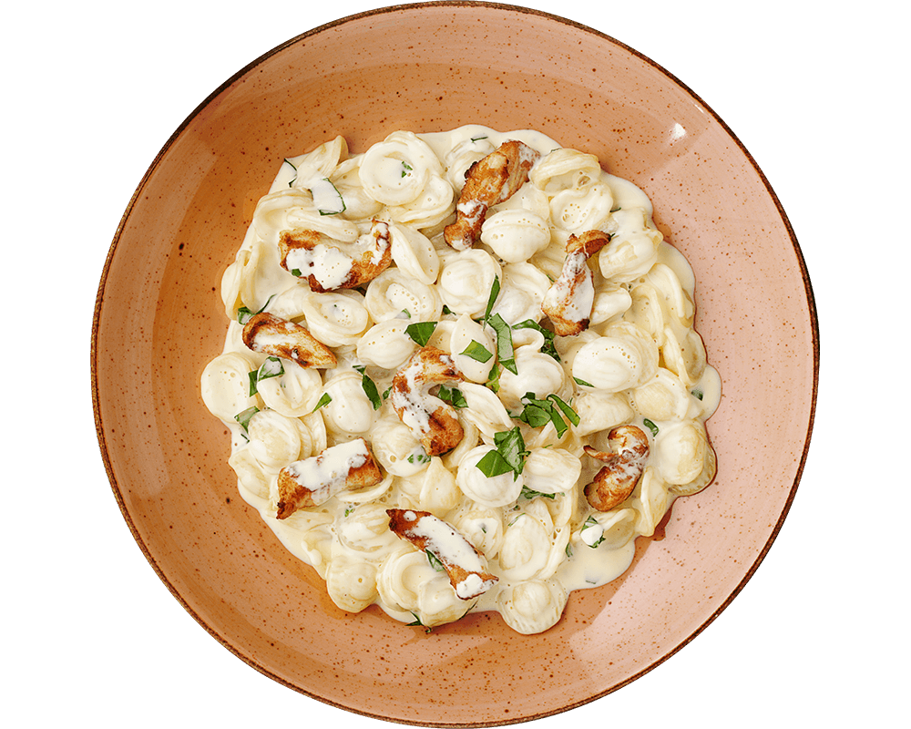 Carbonara vom Huhn von Hofmanns Shop, serviert auf einem braunen Teller.