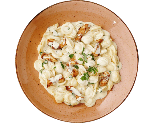 HOFMANNs Carbonara vom Huhn mit gegrilltem Hähnchen und frischen Kräutern, serviert auf einem braunen Teller.